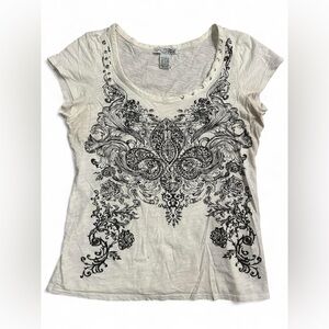 Vintage Y2K RXB Beige and Black Ornate Graphic Tee